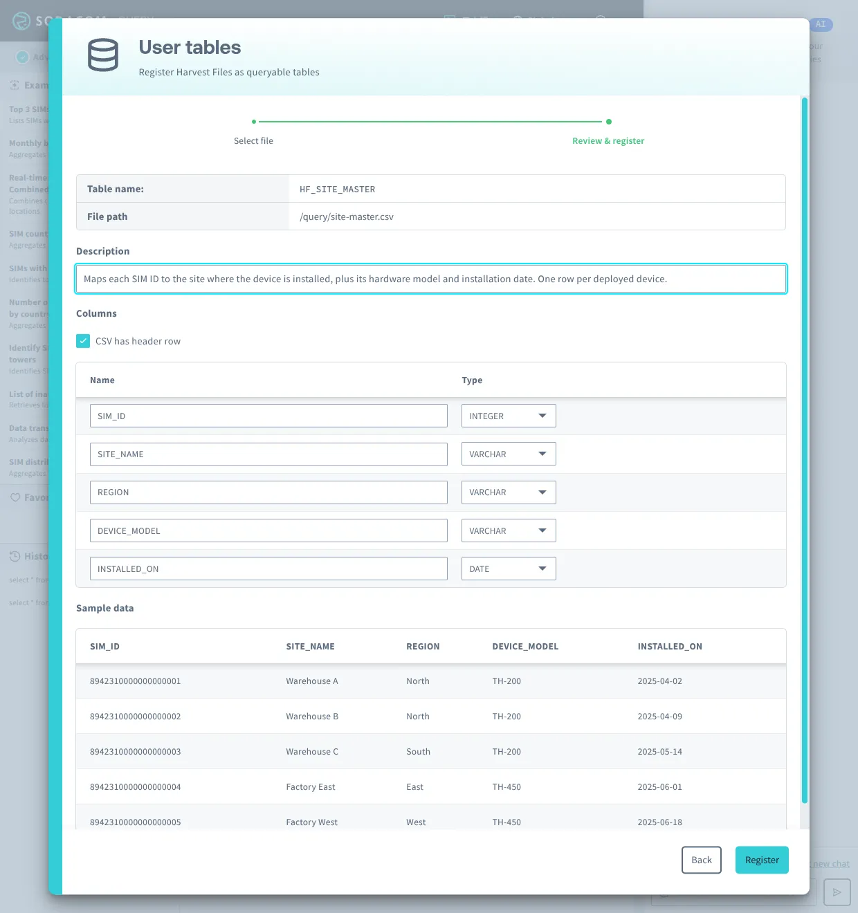 Screenshot of the preview step showing derived columns, inferred types, and sample rows