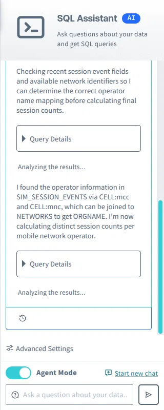 Screenshot of the SQL Assistant panel showing one question that produced two query steps, each with a Query Details disclosure