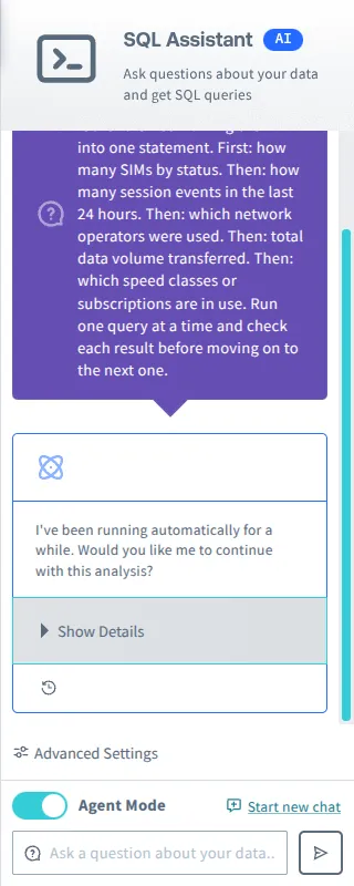 Screenshot of the SQL Assistant pausing after five queries and asking whether to continue, with the completed steps collapsed behind a Show Details disclosure